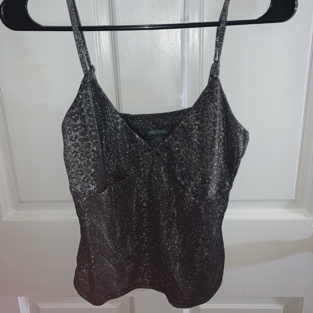 Metallic silver spaghetti strap v neck tank top